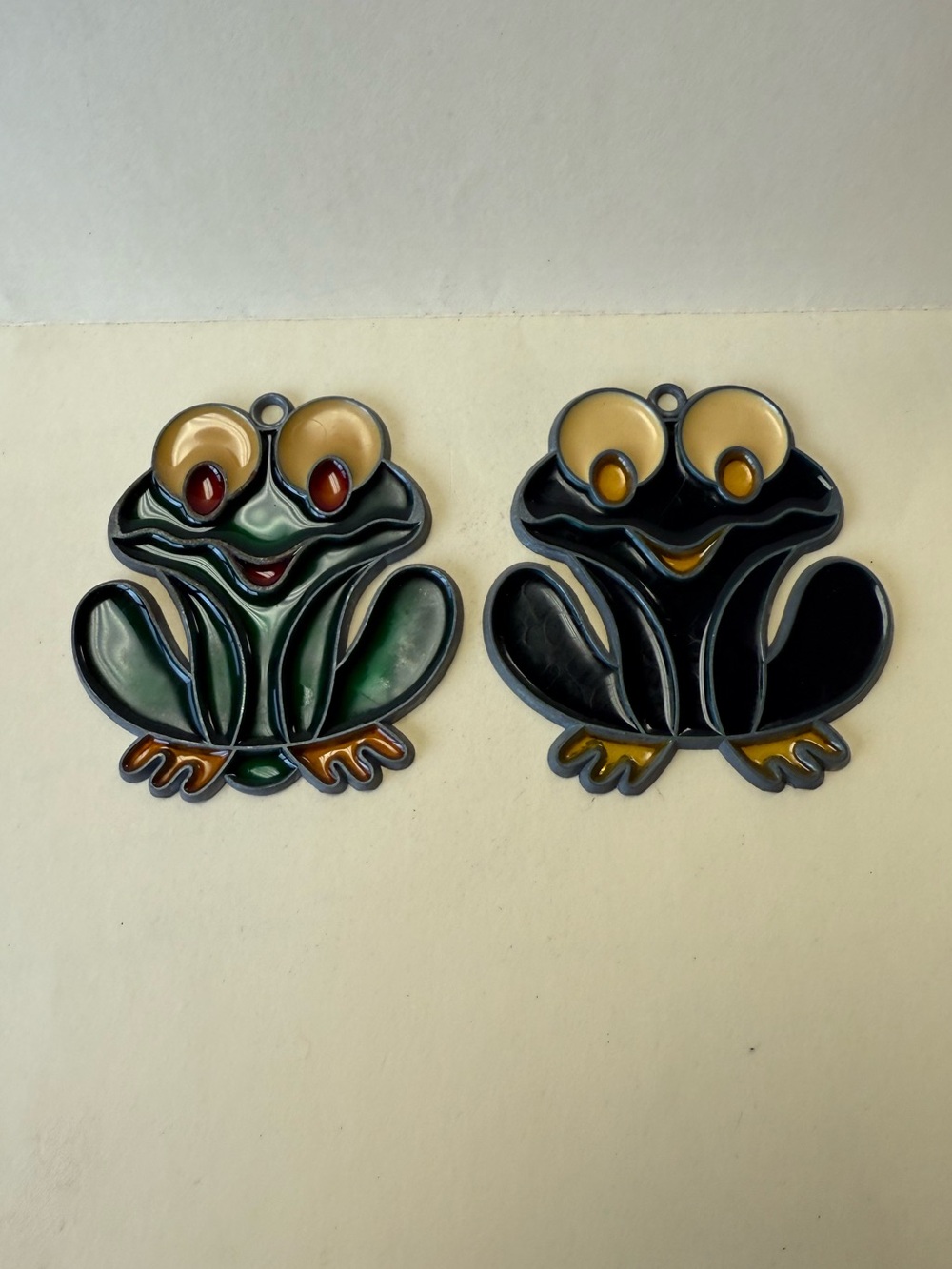 Pair of Vintage Stained Glass Plastic Suncatcher Window Decor Green Frog Toad.